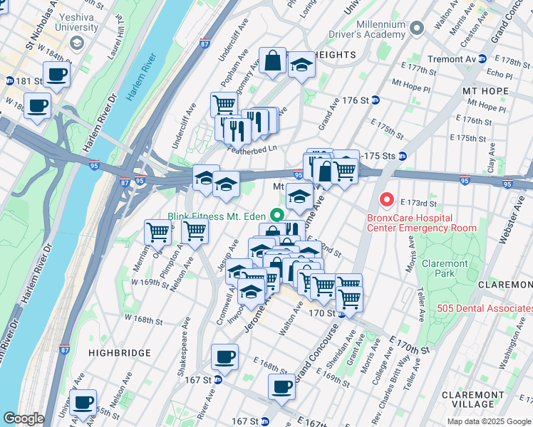 map of restaurants, bars, coffee shops, grocery stores, and more near 1510 Jesup Avenue in Bronx