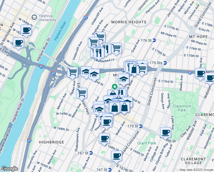 map of restaurants, bars, coffee shops, grocery stores, and more near 1510 Jesup Avenue in Bronx
