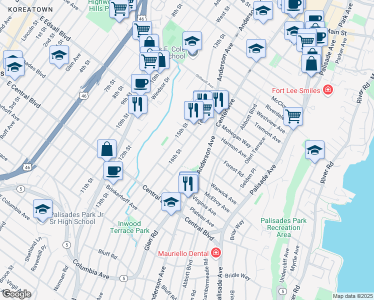 map of restaurants, bars, coffee shops, grocery stores, and more near 1307 Inwood Terrace in Fort Lee