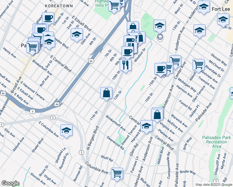 map of restaurants, bars, coffee shops, grocery stores, and more near 340 12th Street in Palisades Park
