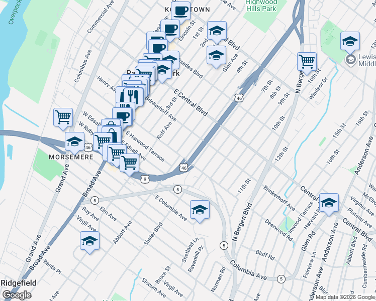 map of restaurants, bars, coffee shops, grocery stores, and more near 210 4th Street in Palisades Park