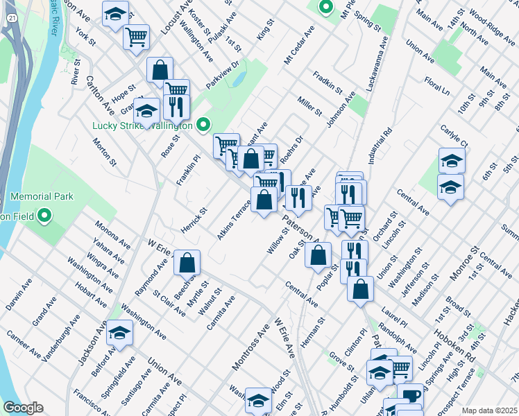 map of restaurants, bars, coffee shops, grocery stores, and more near 2 Shepard Terrace in East Rutherford