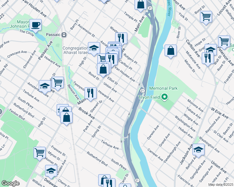 map of restaurants, bars, coffee shops, grocery stores, and more near 141 Park Avenue in Passaic