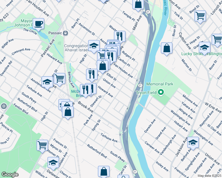 map of restaurants, bars, coffee shops, grocery stores, and more near 141 Park Avenue in Passaic