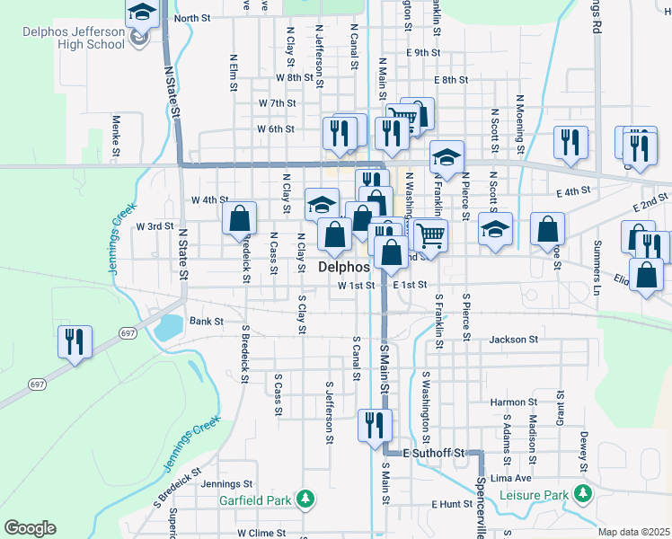 map of restaurants, bars, coffee shops, grocery stores, and more near in Delphos