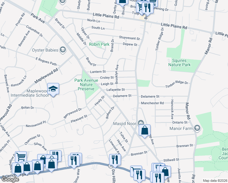map of restaurants, bars, coffee shops, grocery stores, and more near 46 Lafayette Street in Huntington