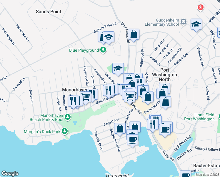 map of restaurants, bars, coffee shops, grocery stores, and more near 11 Ashwood Road in Port Washington