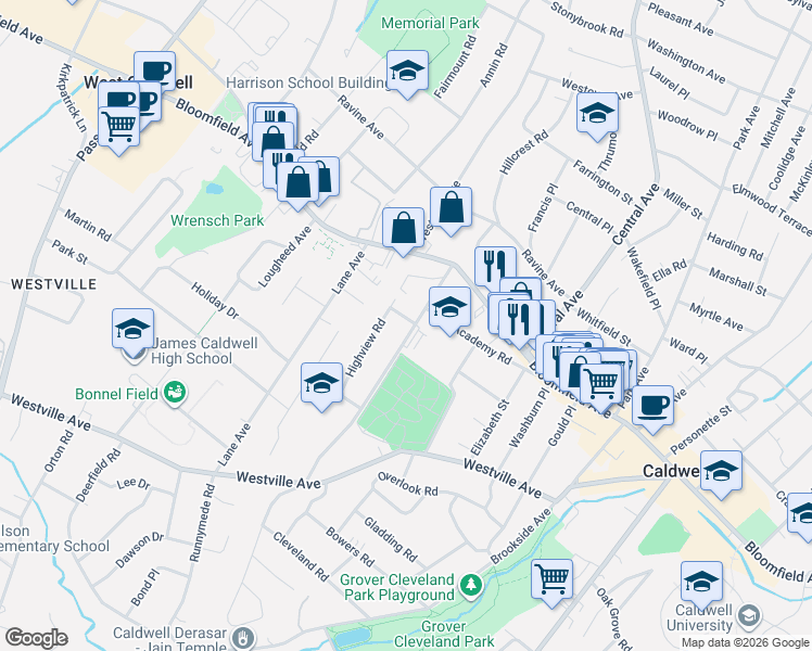 map of restaurants, bars, coffee shops, grocery stores, and more near 6 Highview Road in Caldwell