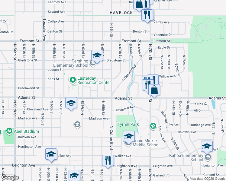 map of restaurants, bars, coffee shops, grocery stores, and more near 3027 North Cotner Boulevard in Lincoln