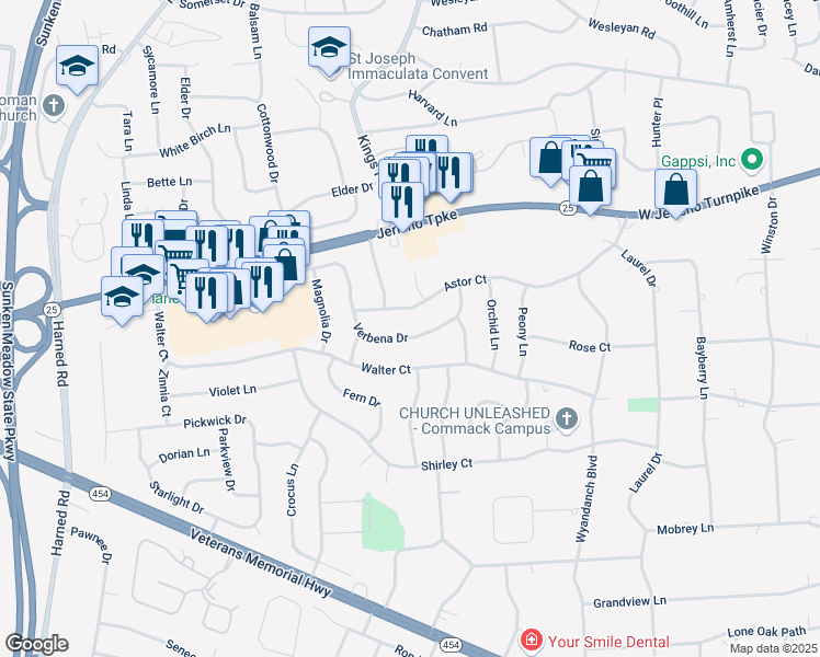 map of restaurants, bars, coffee shops, grocery stores, and more near 12 Astor Court in Commack