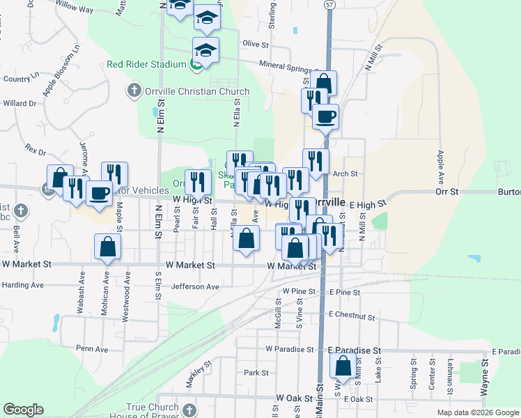 map of restaurants, bars, coffee shops, grocery stores, and more near 328 West High Street in Orrville