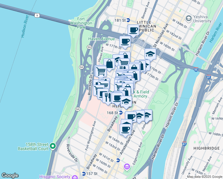 map of restaurants, bars, coffee shops, grocery stores, and more near 635 West 170th Street in New York