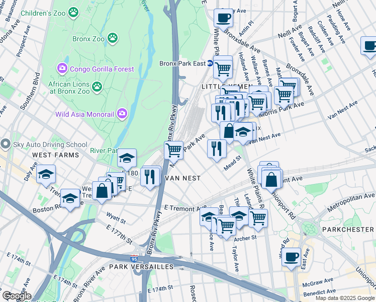 map of restaurants, bars, coffee shops, grocery stores, and more near 574 Morris Park Avenue in The Bronx