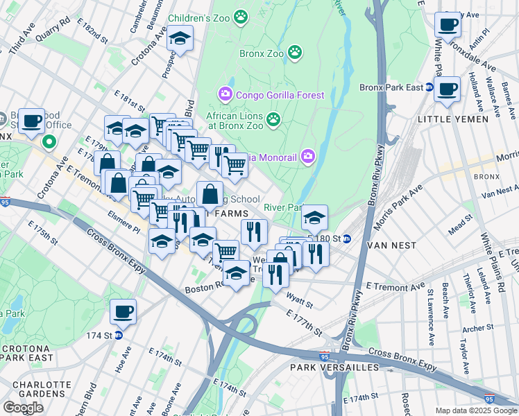 map of restaurants, bars, coffee shops, grocery stores, and more near 988 East 180th Street in The Bronx