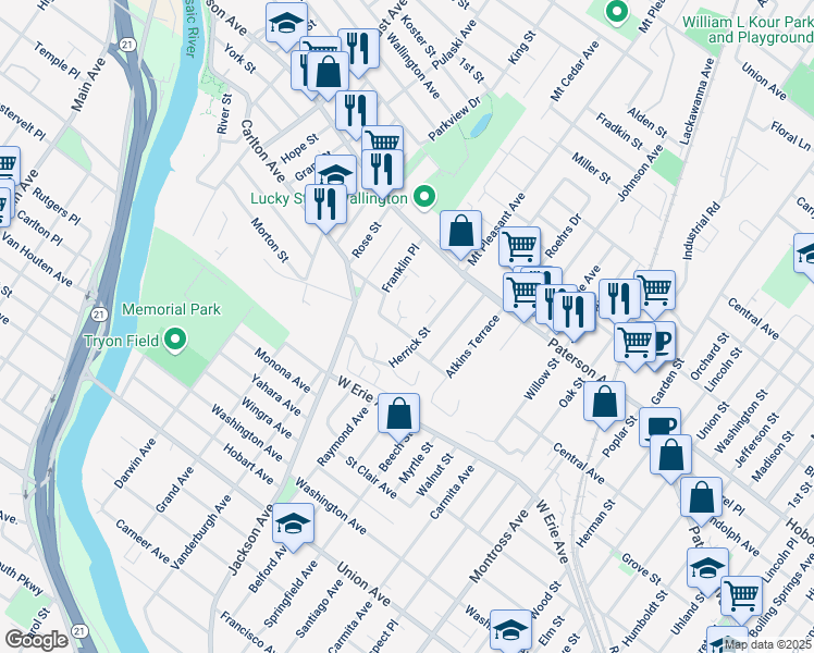 map of restaurants, bars, coffee shops, grocery stores, and more near 3 Margood Court in East Rutherford