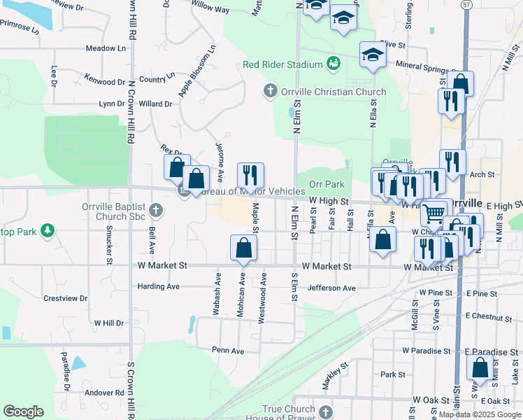 map of restaurants, bars, coffee shops, grocery stores, and more near 1100 West High Street in Orrville