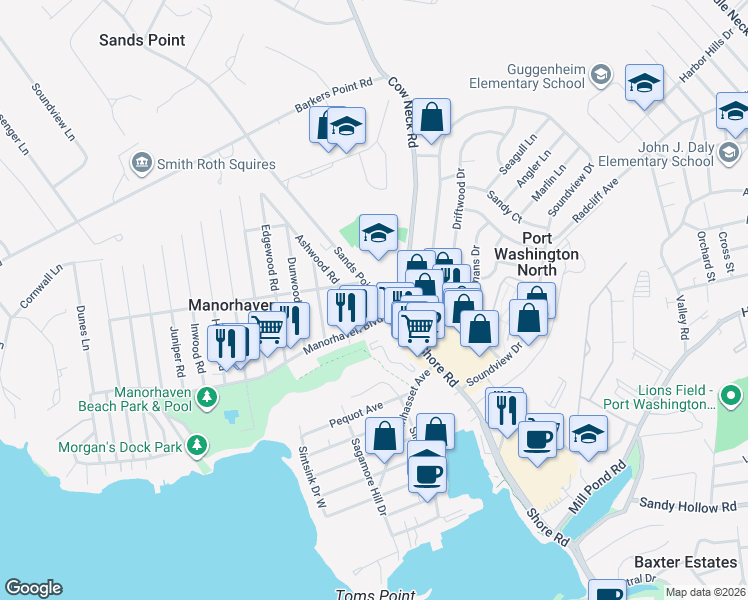 map of restaurants, bars, coffee shops, grocery stores, and more near 3 Sands Point Road in Port Washington
