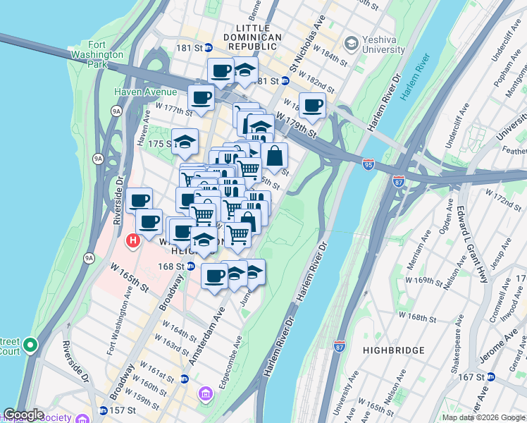 map of restaurants, bars, coffee shops, grocery stores, and more near 513 West 173rd Street in New York