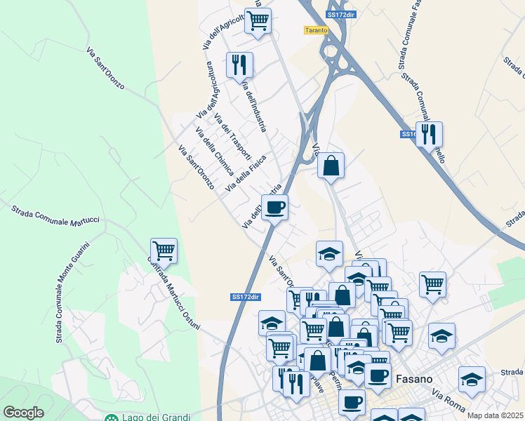 map of restaurants, bars, coffee shops, grocery stores, and more near 19 Via dell'Industria in Fasano