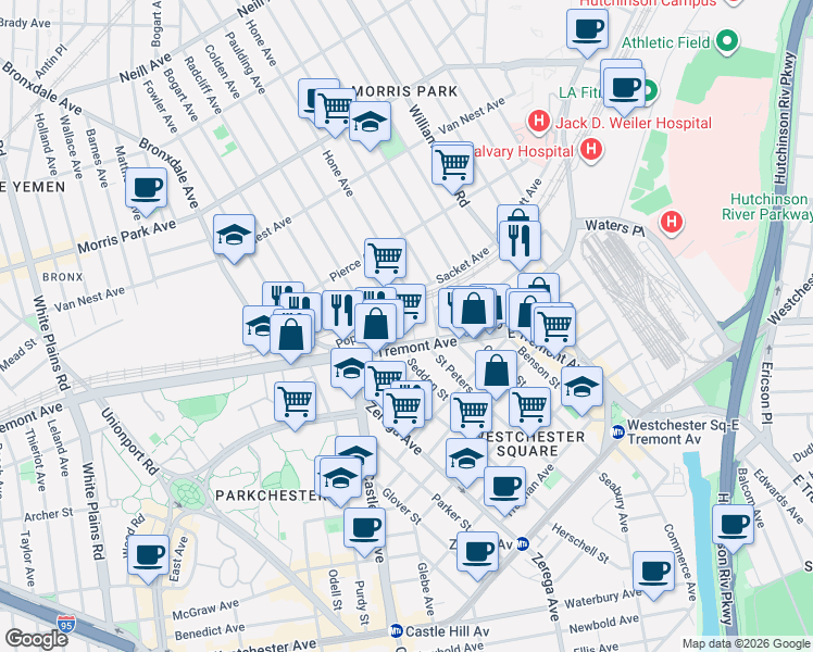map of restaurants, bars, coffee shops, grocery stores, and more near 1524 Hone Avenue in Bronx