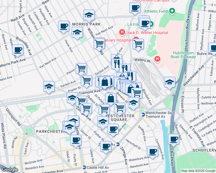 map of restaurants, bars, coffee shops, grocery stores, and more near 1507 Silver Street in Bronx