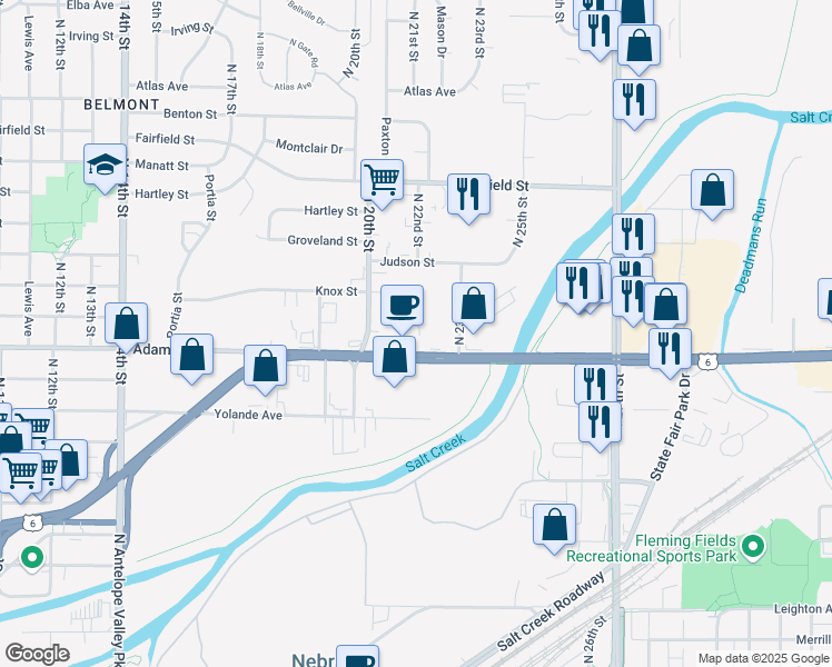 map of restaurants, bars, coffee shops, grocery stores, and more near 2112 Cornhusker Highway in Lincoln
