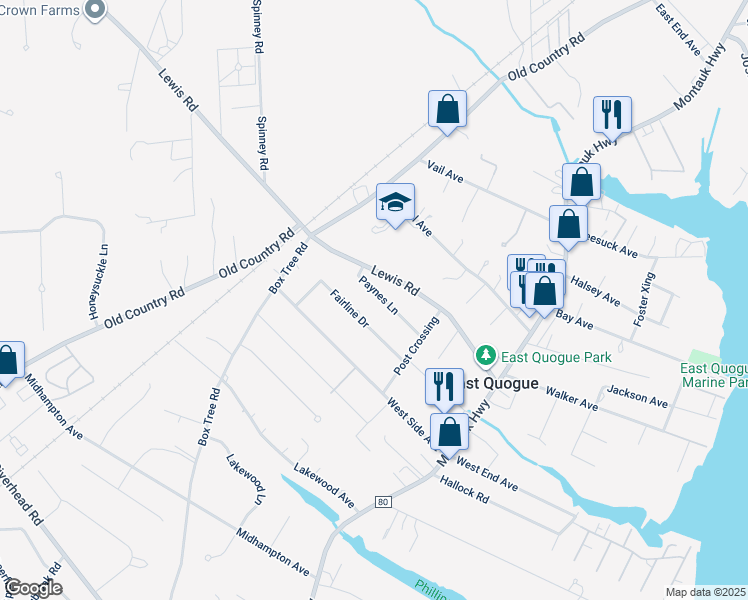 map of restaurants, bars, coffee shops, grocery stores, and more near 8 Paynes Lane in East Quogue