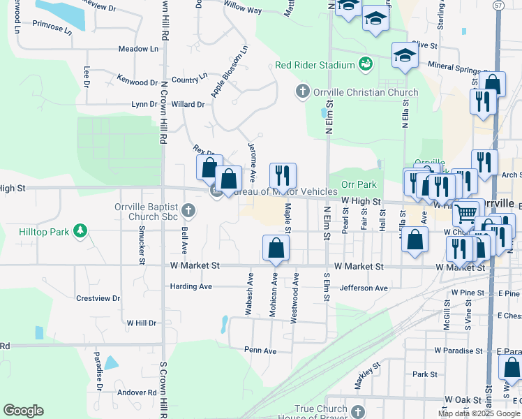 map of restaurants, bars, coffee shops, grocery stores, and more near in Orrville