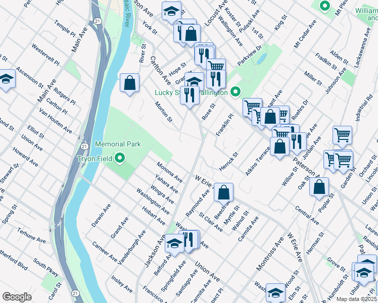 map of restaurants, bars, coffee shops, grocery stores, and more near 2 Carlton Avenue in East Rutherford