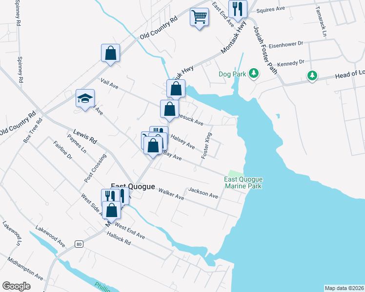 map of restaurants, bars, coffee shops, grocery stores, and more near 8 Halsey Avenue in East Quogue