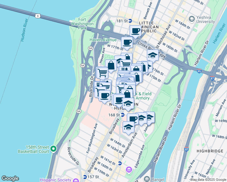 map of restaurants, bars, coffee shops, grocery stores, and more near 250 Fort Washington Avenue in New York