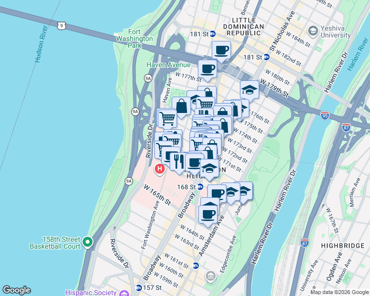 map of restaurants, bars, coffee shops, grocery stores, and more near 250 Fort Washington Avenue in New York