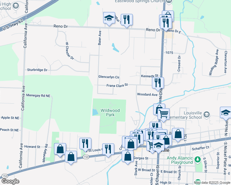 map of restaurants, bars, coffee shops, grocery stores, and more near 623 Colebrook Street in Louisville