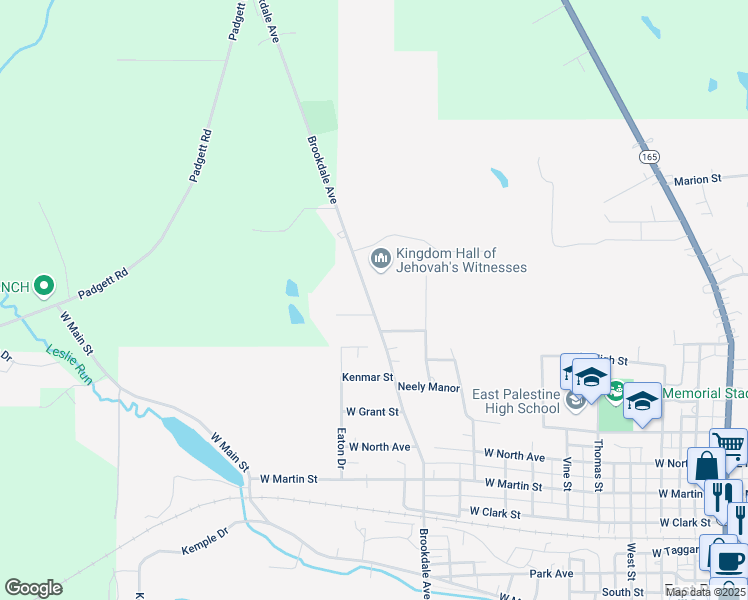 map of restaurants, bars, coffee shops, grocery stores, and more near in East Palestine