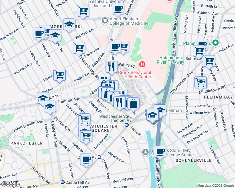 map of restaurants, bars, coffee shops, grocery stores, and more near 2617 Halperin Avenue in Bronx