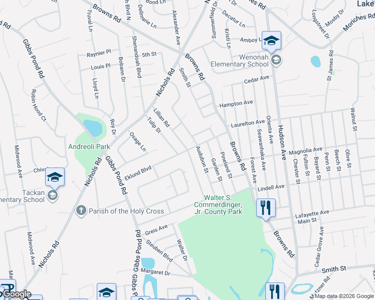 map of restaurants, bars, coffee shops, grocery stores, and more near 60 Lillian Road in Nesconset
