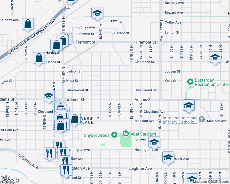 map of restaurants, bars, coffee shops, grocery stores, and more near 5325 Greenwood Street in Lincoln