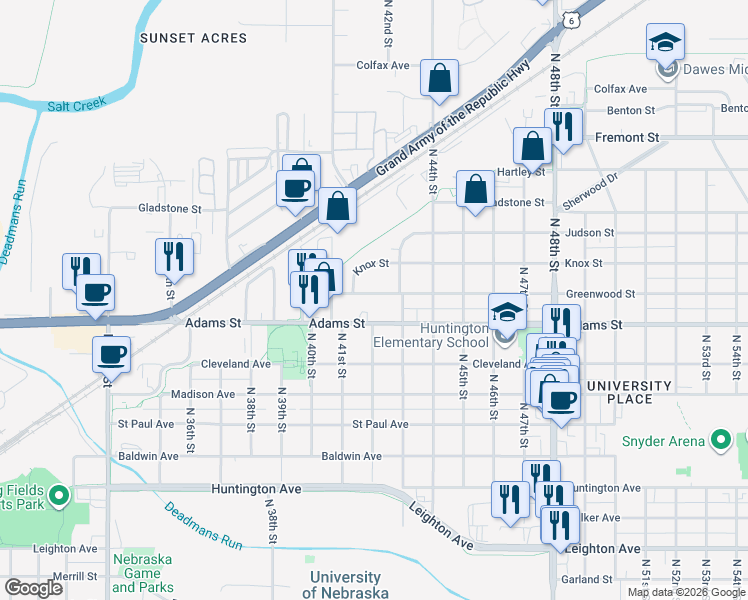 map of restaurants, bars, coffee shops, grocery stores, and more near 4201 Greenwood Street in Lincoln