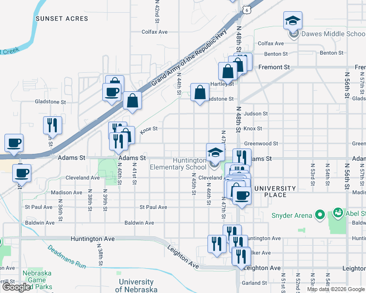 map of restaurants, bars, coffee shops, grocery stores, and more near 4411 Greenwood Street in Lincoln