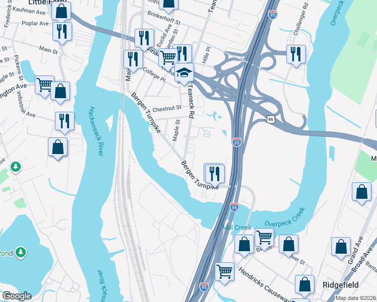 map of restaurants, bars, coffee shops, grocery stores, and more near 17 Teaneck Road in Ridgefield Park