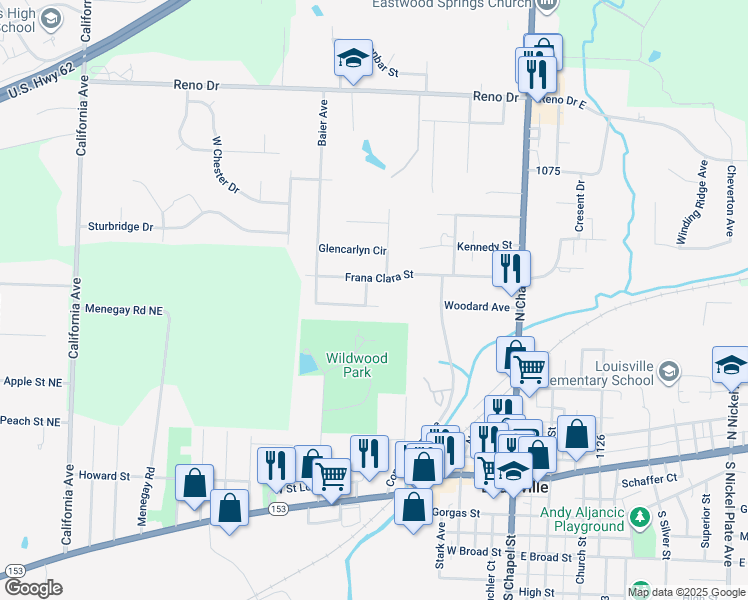 map of restaurants, bars, coffee shops, grocery stores, and more near 623 Colebrook Street in Louisville