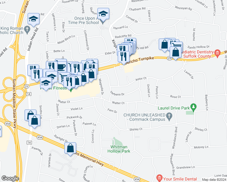map of restaurants, bars, coffee shops, grocery stores, and more near 39 Verbena Drive in Commack
