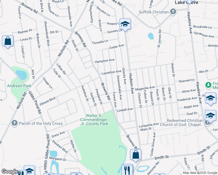 map of restaurants, bars, coffee shops, grocery stores, and more near 11 Saint James Parkway in Nesconset