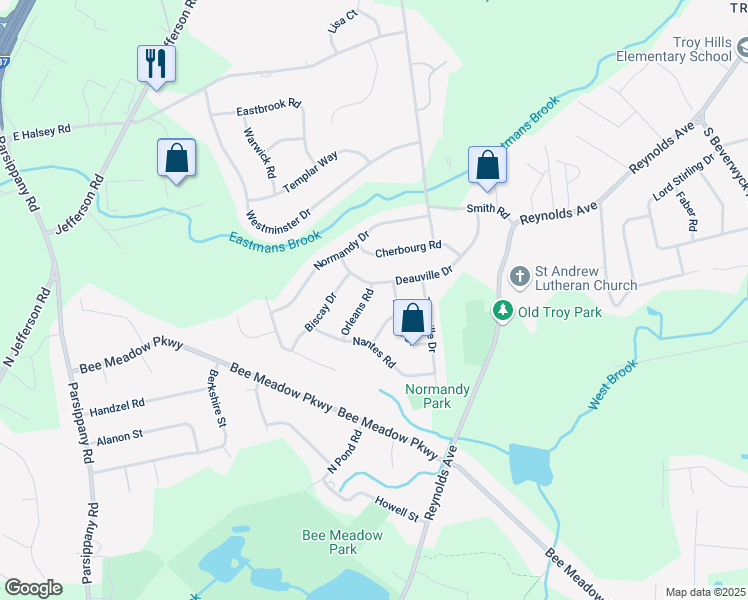 map of restaurants, bars, coffee shops, grocery stores, and more near 3 Orleans Road in Parsippany-Troy Hills