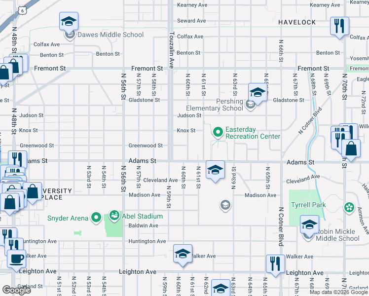 map of restaurants, bars, coffee shops, grocery stores, and more near 3045 North 60th Street in Lincoln