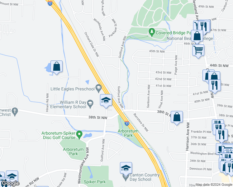 map of restaurants, bars, coffee shops, grocery stores, and more near 4027 Orchard Dale Drive Northwest in Canton