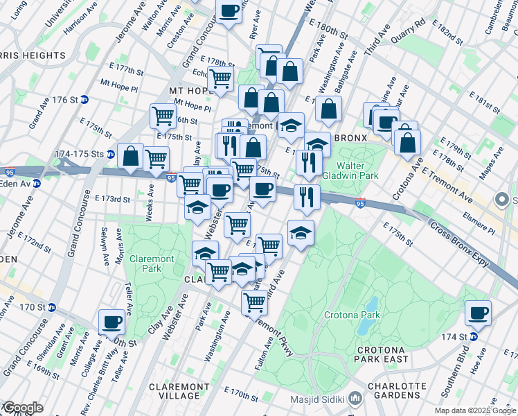 map of restaurants, bars, coffee shops, grocery stores, and more near 1745 Washington Avenue in The Bronx