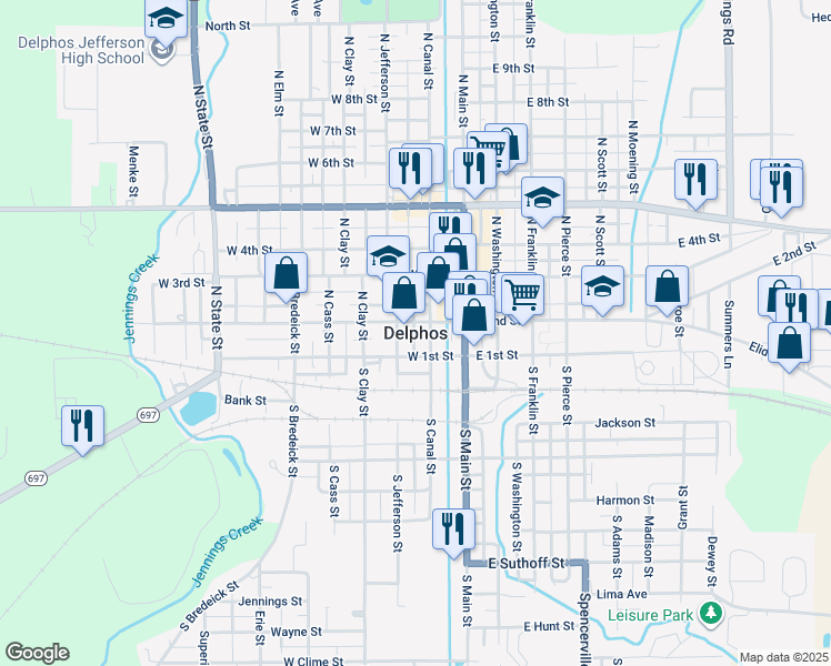 map of restaurants, bars, coffee shops, grocery stores, and more near in Delphos