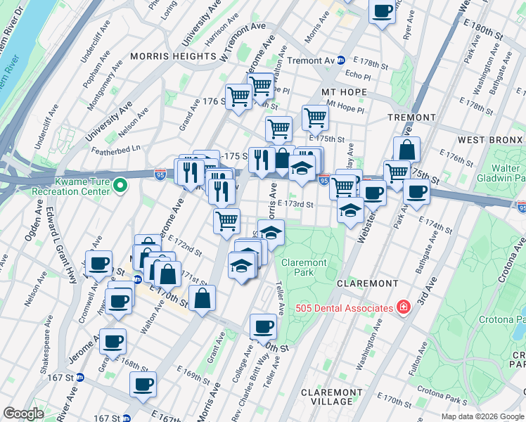 map of restaurants, bars, coffee shops, grocery stores, and more near 1650 Selwyn Avenue in The Bronx
