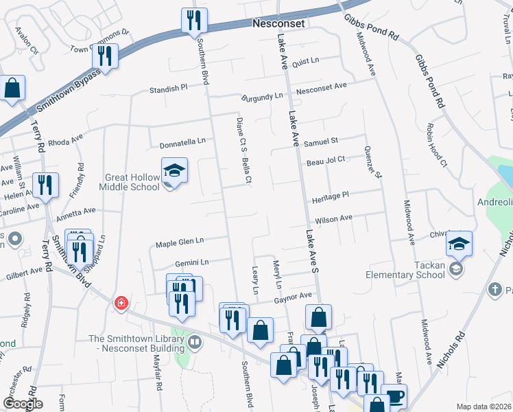 map of restaurants, bars, coffee shops, grocery stores, and more near 11 Hearthstone Ln in Nesconset